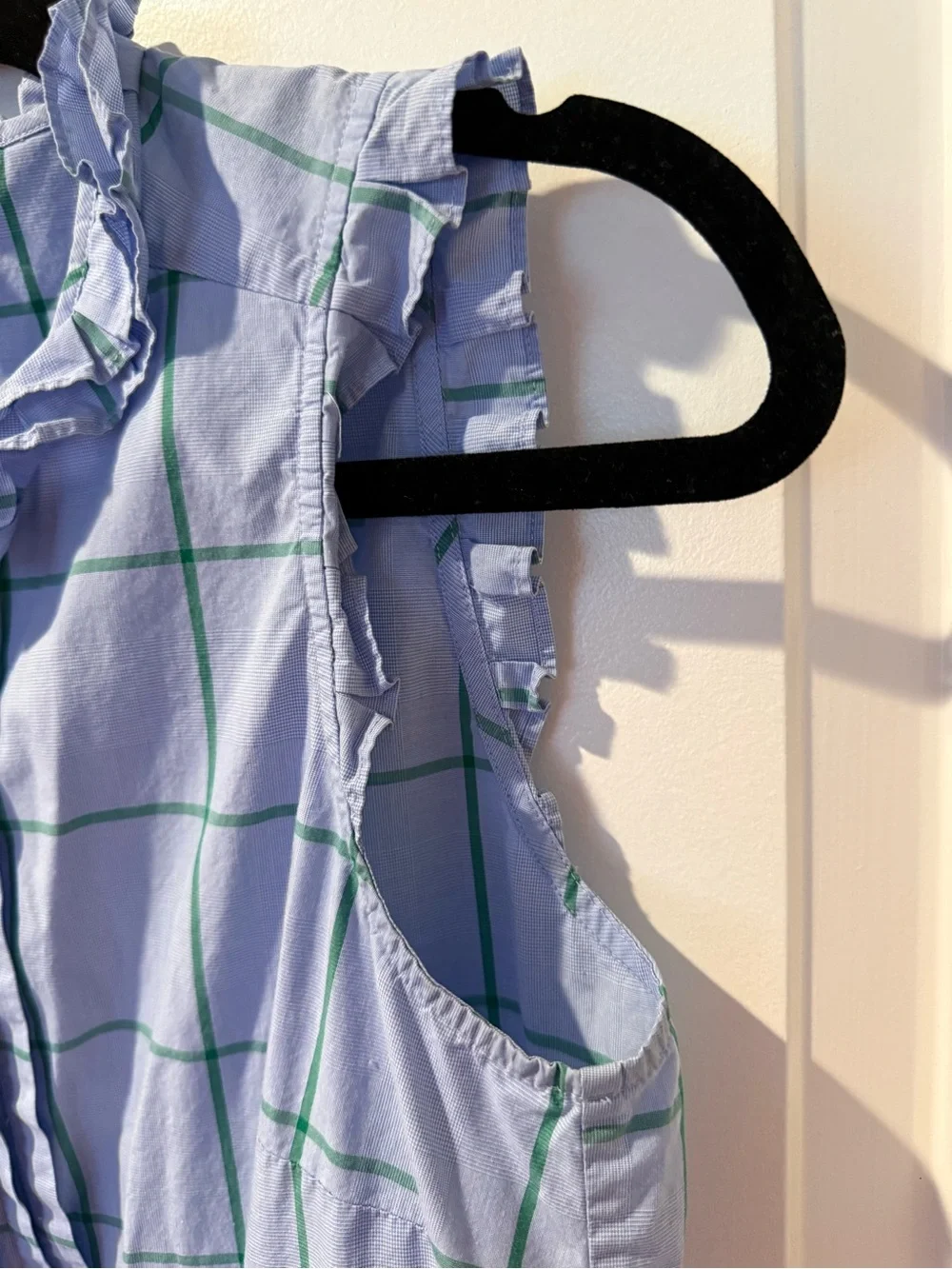 J. Crew Light Blue & Green Windowpane Ruffle Collar Blouse